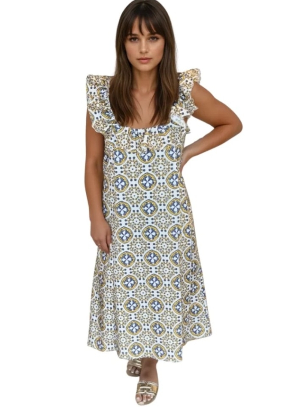 Taylor Tillman Printed Ruffle-Shoulder Midi Dress - White, Blue & Gold
